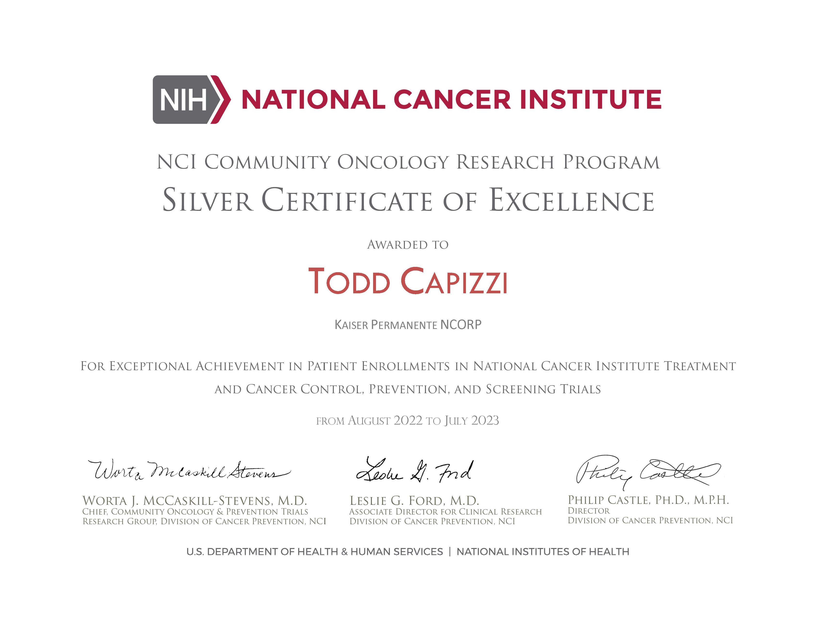 Image of Dr. Capizzi's Silver Certificate of Excellence for their exceptional achievement in clinical trial participation.